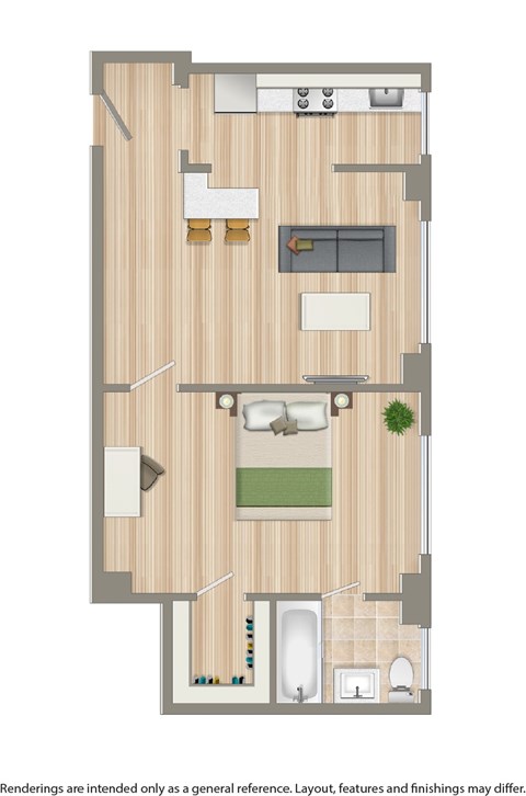 Floor plan for 1 bed, 1 bath, 526 sqft